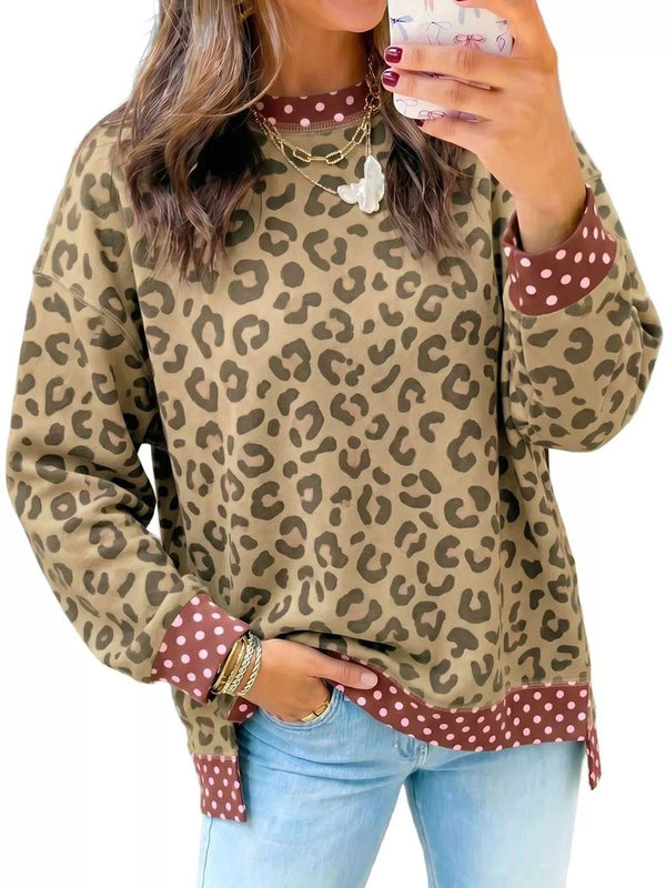 Side Slit Leopard Sweatshirt with Polka Dot Trim 101001649980045 52 Affordable Fashion Under $100 Jerry's Apparel 