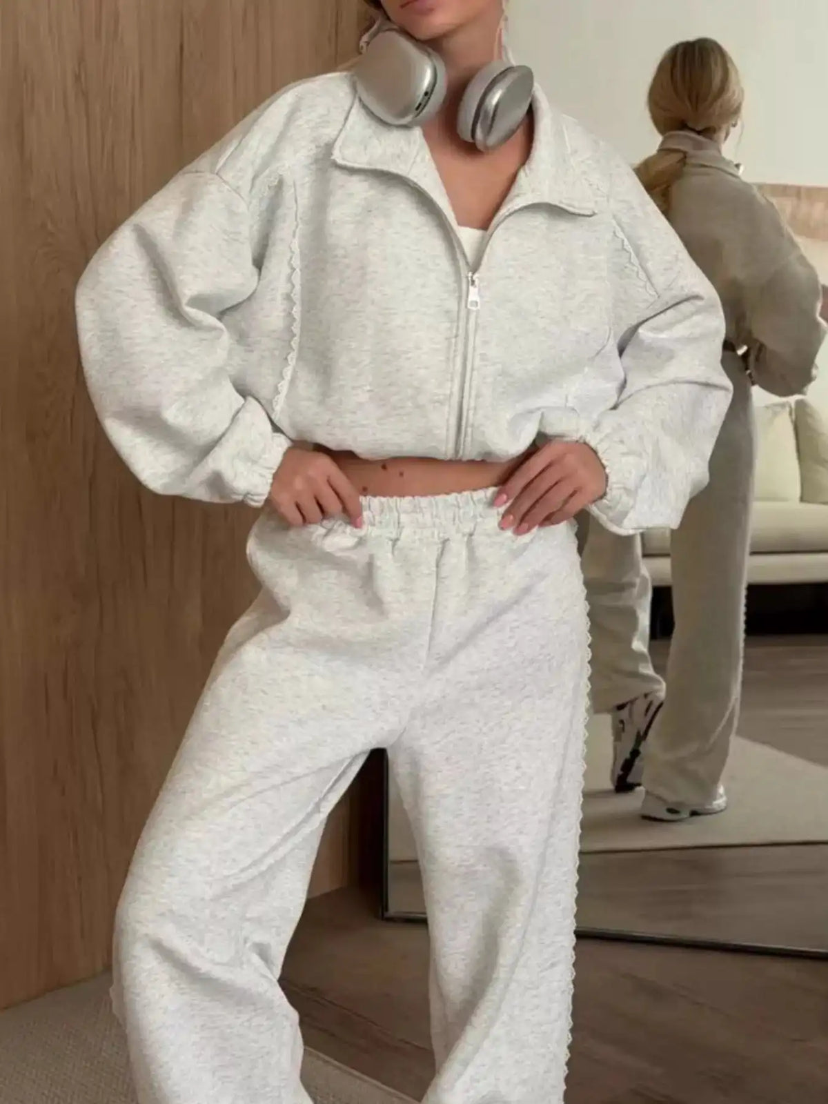 Zip-Up Jacket and Wide-Leg Pants Set 100100070627217 107 Comfortable Weekend Sets Jerry's Apparel 