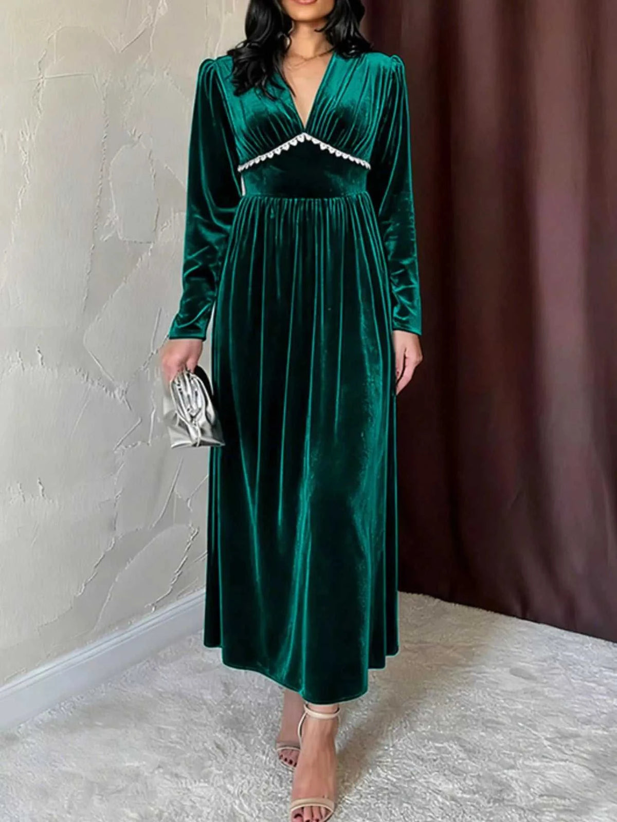 Velvet V-Neck Long Sleeve Maxi Dress 100100704748707 51 Affordable Fashion Under $100 Jerry's Apparel 