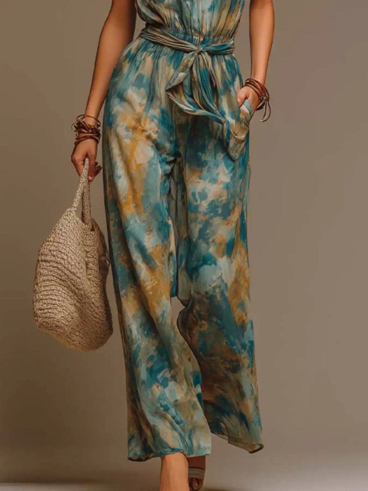 Full Size Boho Tie-Dye Halter Neck Wide-Leg Jumpsuit with Waist Tie Plus Size 101001871091182 63 Affordable Fashion Under $100 Jerry's Apparel 