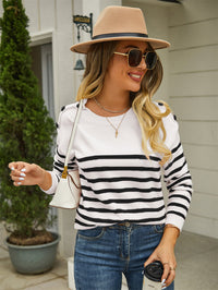 Angel Wings Round Neck Shoulder Button Striped Pullover Sweater