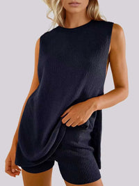 Side Slit Round Neck Tank and Ribbed Shorts Sweater Set 100100101501711 39 Affordable Fashion Under $100 Jerry's Apparel 