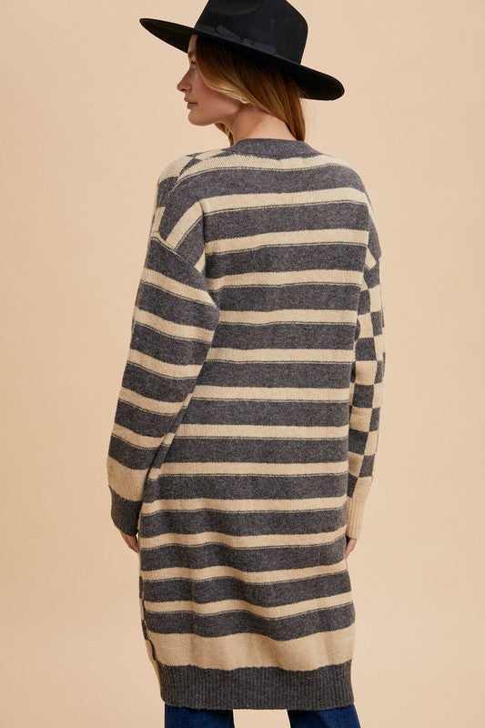 Annie Wear Checkered & Striped Open Front Long Sleeve Cardigan