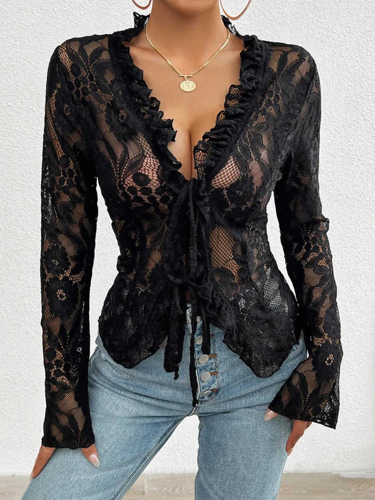 Tie Front Long Sleeve Lace Top 100100498929806 35 Affordable Fashion Under $100 Jerry's Apparel 