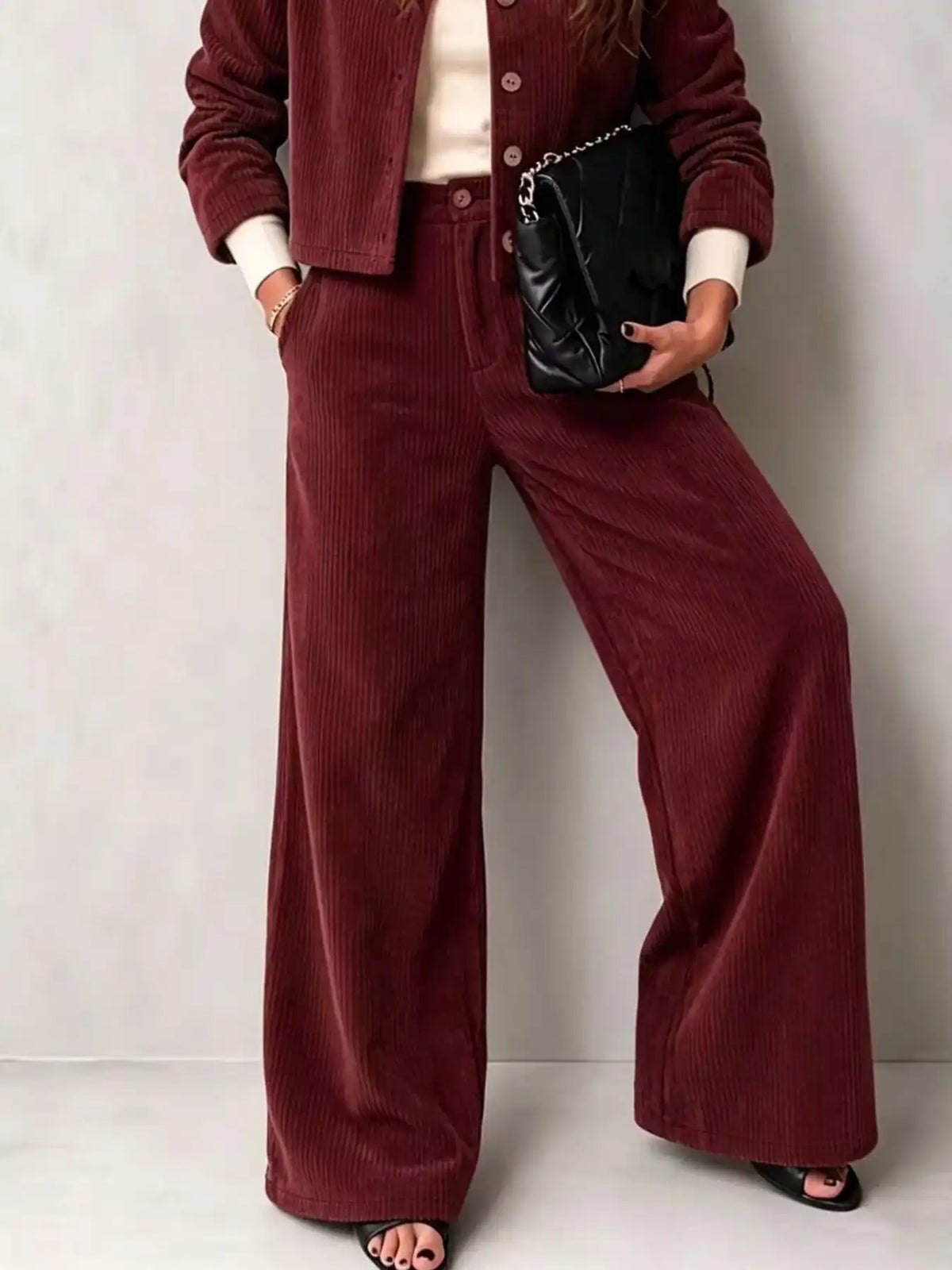 Full Size Corduroy Button-Down Jacket and Wide-Leg Pants Two-Piece Set Plus Size 101001217256067 73 Women's Pants Set Gifts for Her Jerry's Apparel 