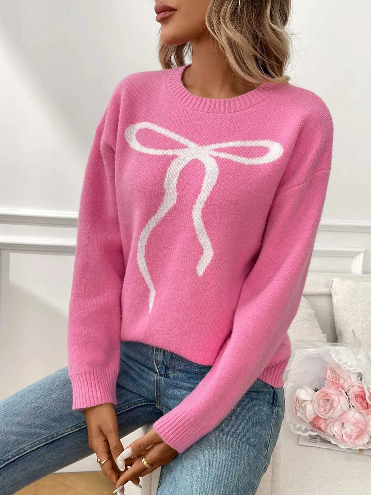 Bow Graphic Ribbed Hem Round Neck Sweater 100100077708604 48 Affordable Fashion Under $100 Jerry's Apparel 