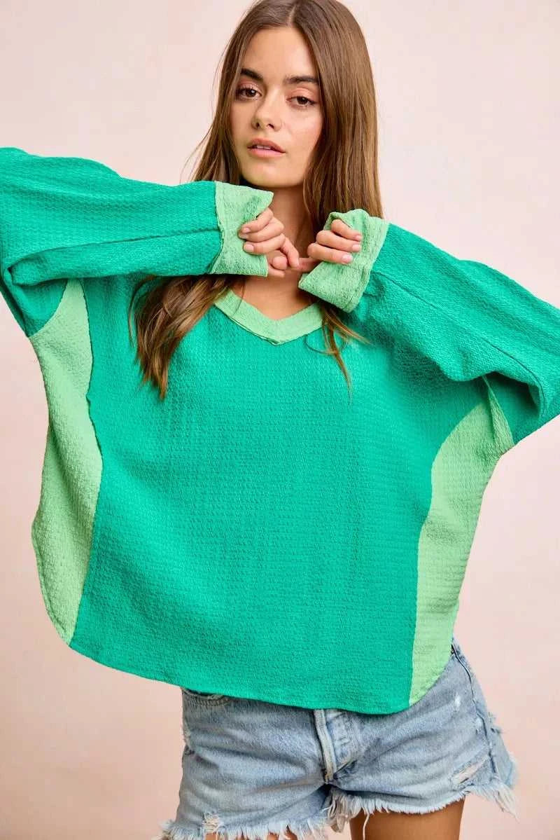 BiBi Textured Jersey Color Block Top With Cut Edge 100100024741269 41 Affordable Fashion Under $100 Jerry's Apparel 