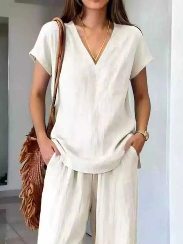 Full Size V-Neck Short Sleeve Top and Pants Set Plus Size 100100910451013 35 Affordable Fashion Under $100 Jerry's Apparel 