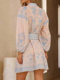 Printed Button Down Shirt Dress with Belt