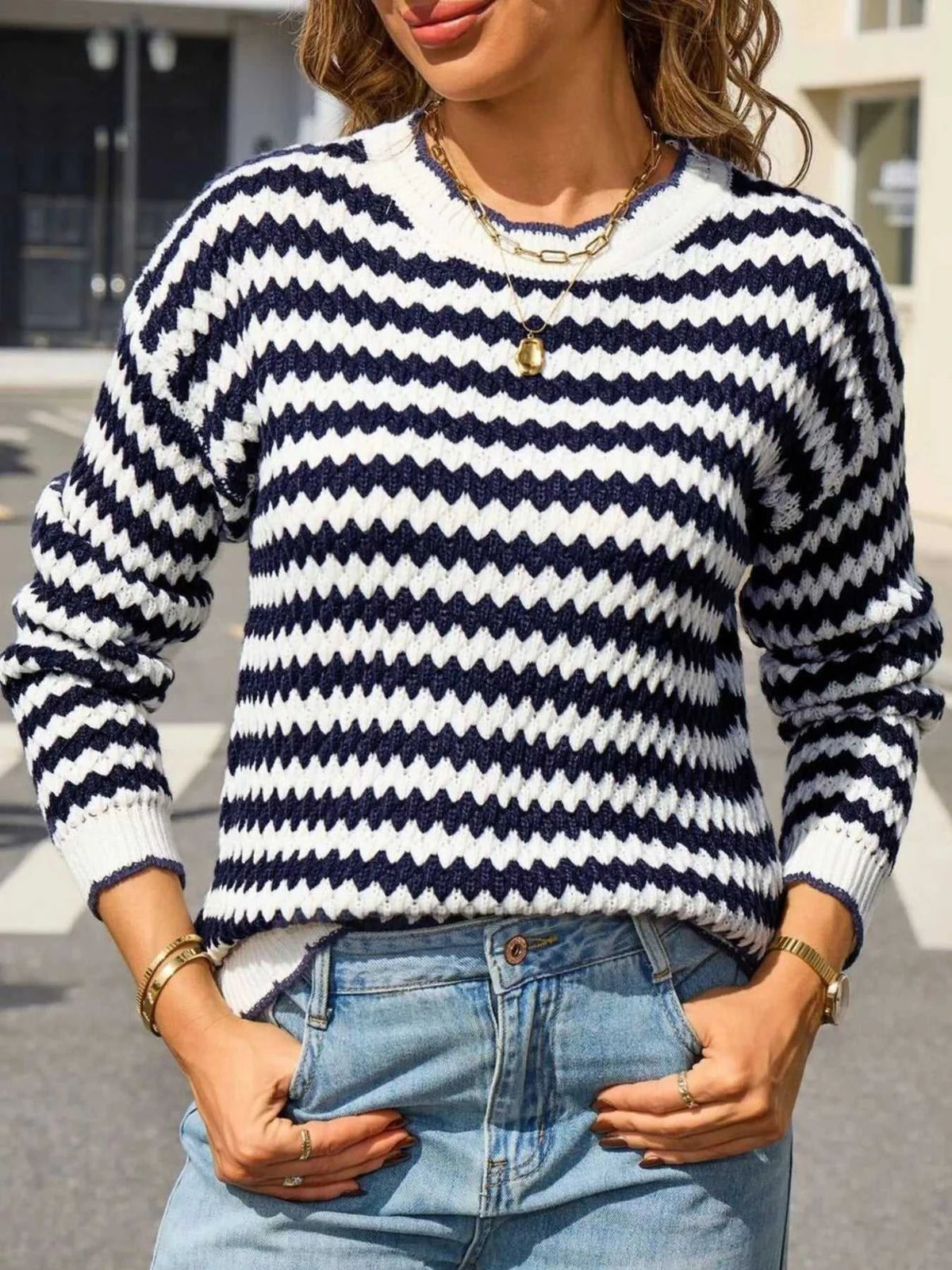 Striped Zigzag Knit Round Neck Sweater 100100461154218 44 Affordable Fashion Under $100 Jerry's Apparel 