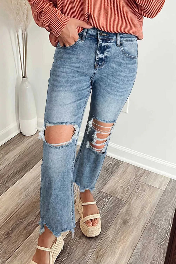Raw Hem Ripped Open Knee Fit Flare Jeans 100100088530918 75 Seasonal Fashion Collections Jerry's Apparel 