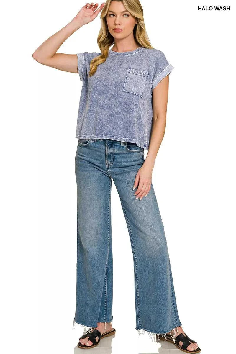 Zenana Halo Snow Washed Cotton Cuffed Short Sleeve Top 100100511521986 23 Affordable Fashion Under $100 Jerry's Apparel 