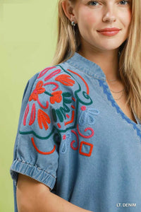 Umgee Embroidered Denim Puff Sleeve Top 100100810541249 60 Affordable Fashion Under $100 Jerry's Apparel 