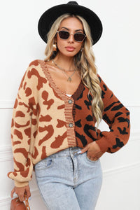 Angel Wings Leopard Button Front Ribbed Trim Cardigan