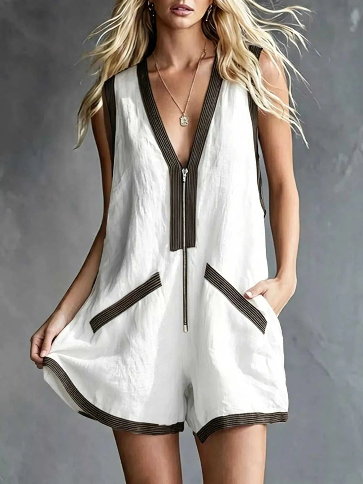 V-Neck Zipper Front Romper with Contrast Trim 100100294902441 37 Women's Romper Affordable Fashion Under $100 Jerry's Apparel 