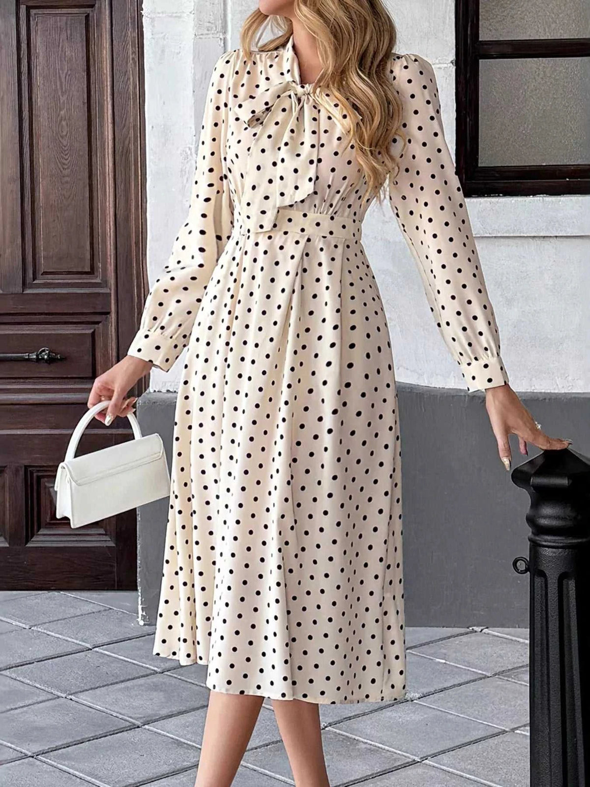 Polka Dot Tie Front Long Sleeve Midi Dress 100100412285779 42 Gifts for Her Jerry's Apparel 