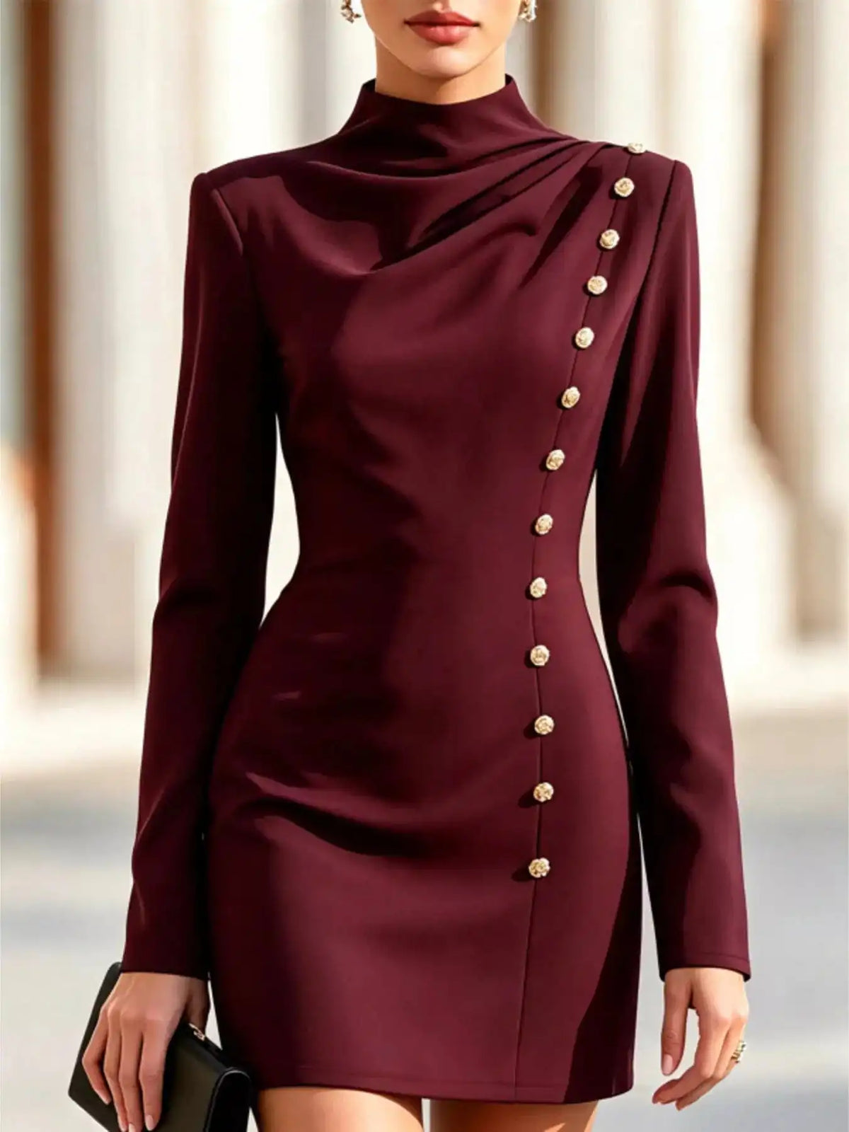 Mock Neck Long-Sleeve Bodycon Dress with Gold-Tone Button Detailing 101001571259490 49 Affordable Fashion Under $100 Jerry's Apparel 