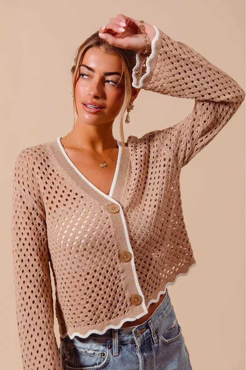 SO ME Open Knit Light Weight Sweater Cardigan With Contrast Wavy Scallop Edge 100100641861665 41 Affordable Fashion Under $100 Jerry's Apparel 