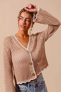 SO ME Open Knit Light Weight Sweater Cardigan With Contrast Wavy Scallop Edge 100100641861665 41 Affordable Fashion Under $100 Jerry's Apparel 