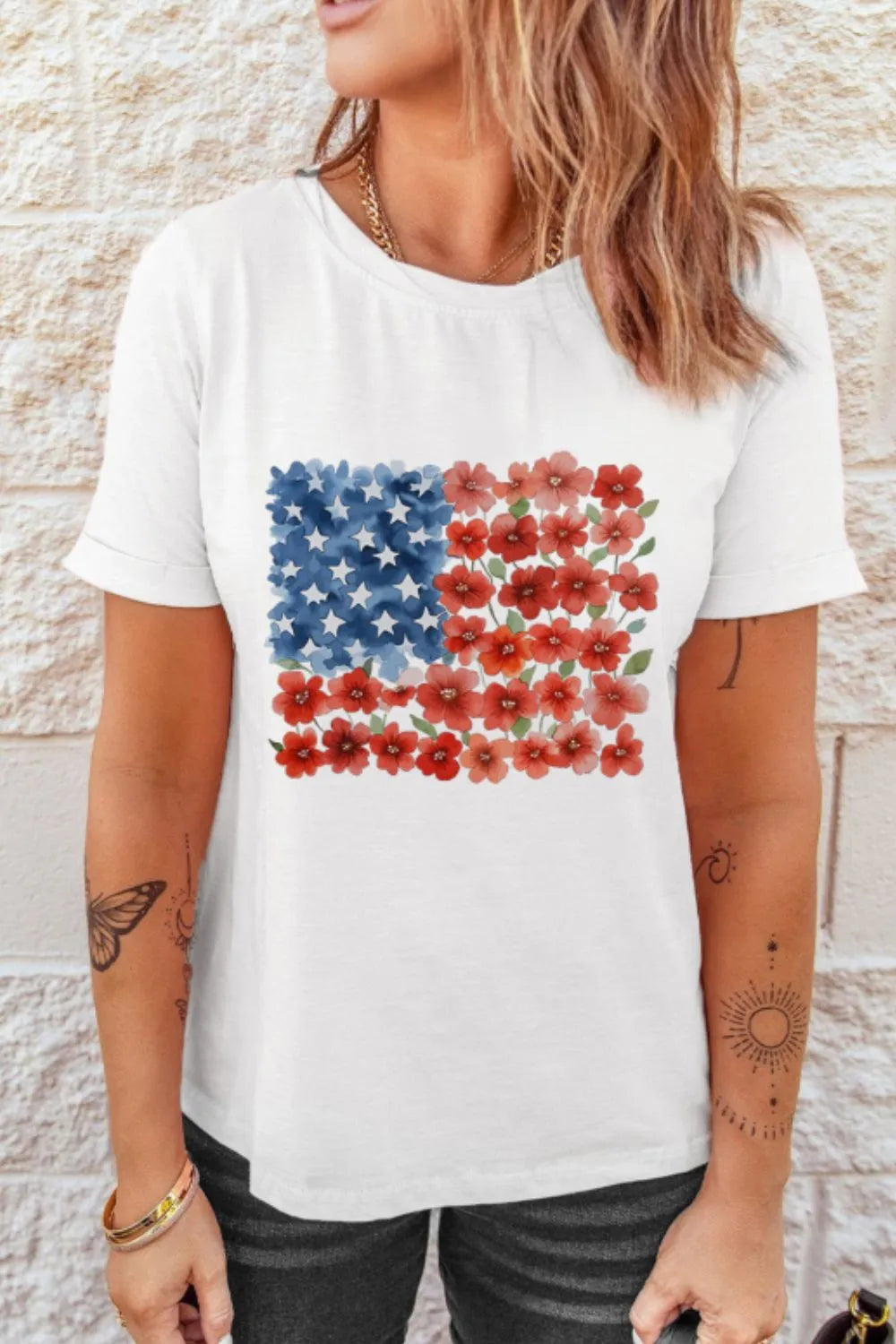 Star Floral American Flag Printed T Shirt