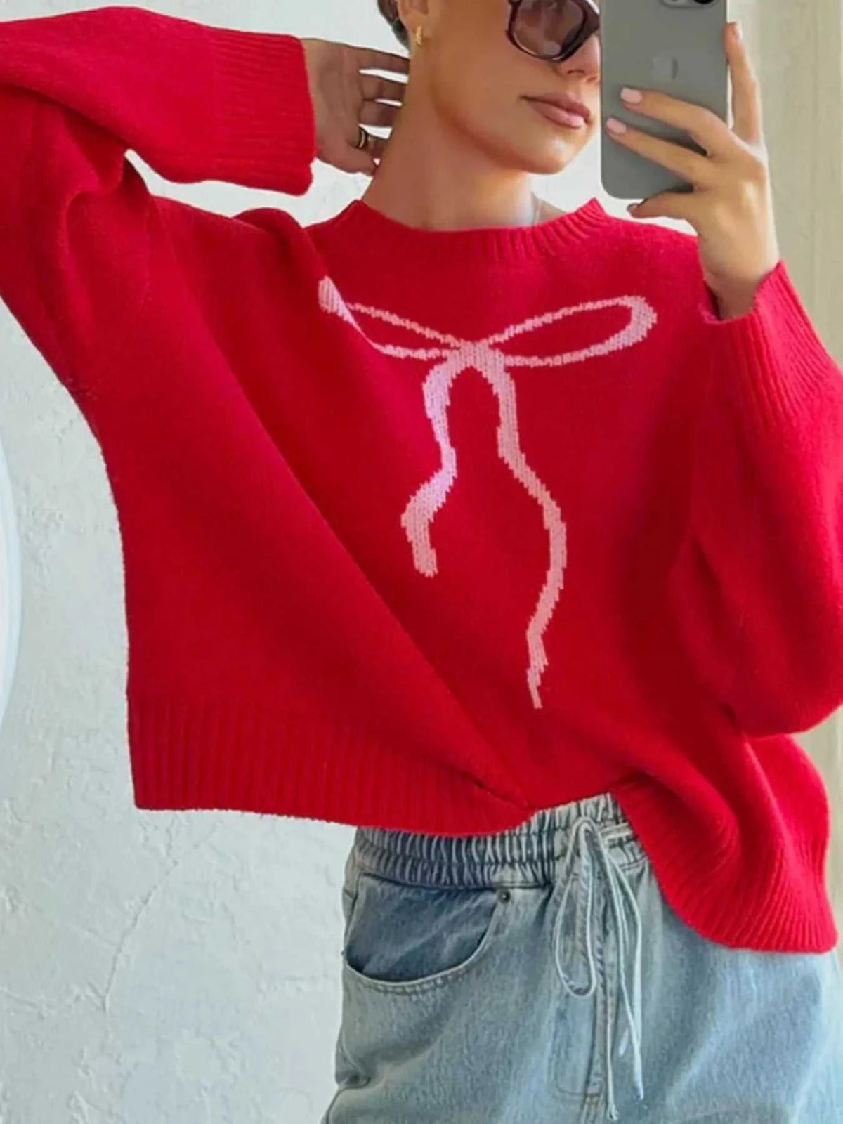 Bow Graphic Ribbed Hem Round Neck Sweater 100100077708604 48 Affordable Fashion Under $100 Jerry's Apparel 