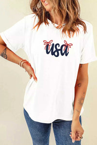 USA Lettering Bow Embroidered T Shirt 100100430685063 45 Affordable Fashion Under $100 Jerry's Apparel 