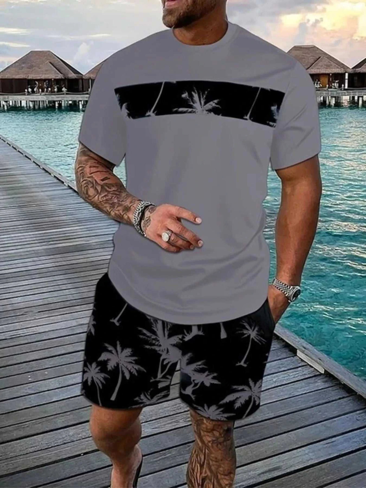 Men's Full Size Tropical Palm Tree Tee and Shorts Set Plus Size 100400554802541 22 Men's Sets Jerry's Apparel 