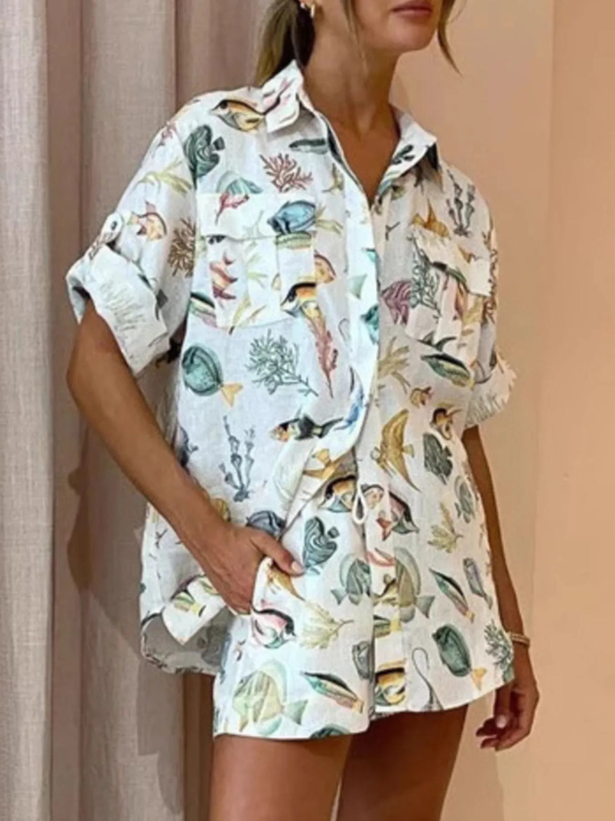 Printed Button Up Shirt and Shorts Set