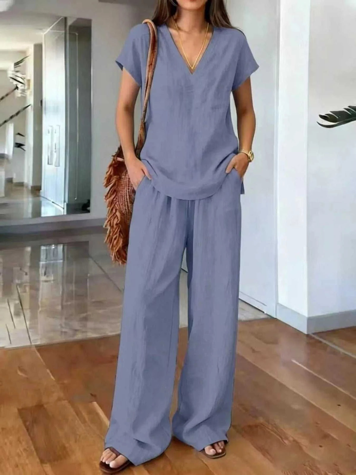 Full Size V-Neck Short Sleeve Top and Pants Set Plus Size 100100910451013 35 Affordable Fashion Under $100 Jerry's Apparel 