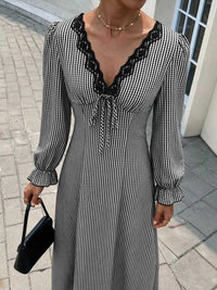 Gingham Lace-Trim V-Neck Long Sleeve A-Line Maxi Dress 101001996406806 52 Affordable Fashion Under $100 Jerry's Apparel 