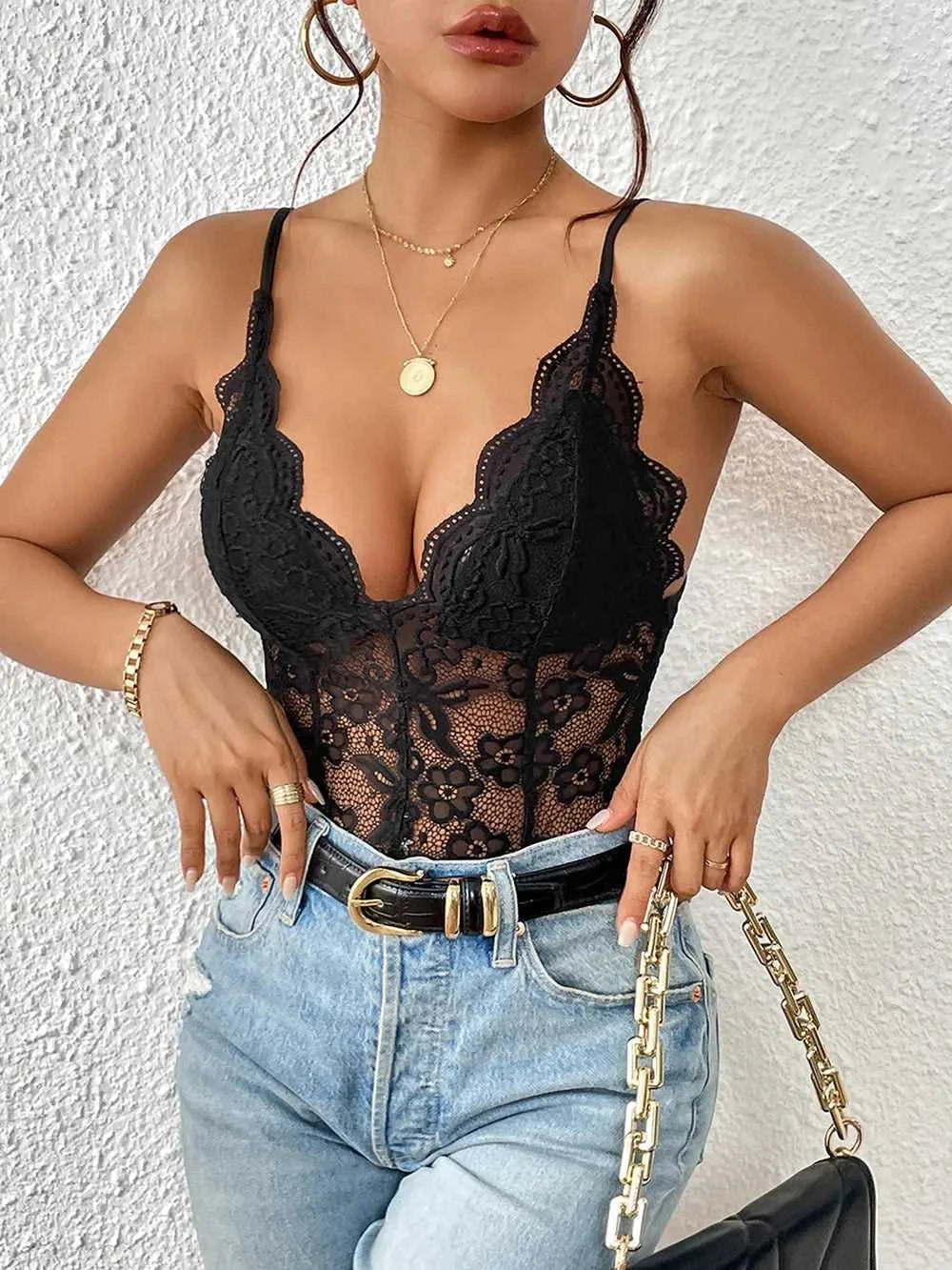 Perfee Lace V-Neck Spaghetti Strap Bodysuit 100100550421815 25 Gifts for Her Jerry's Apparel 