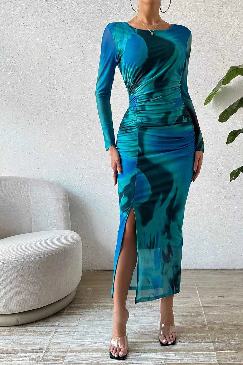 Ruched Tie-Dye Midi Dress with High Slit 100100284841008 19 Affordable Fashion Under $100 Jerry's Apparel 