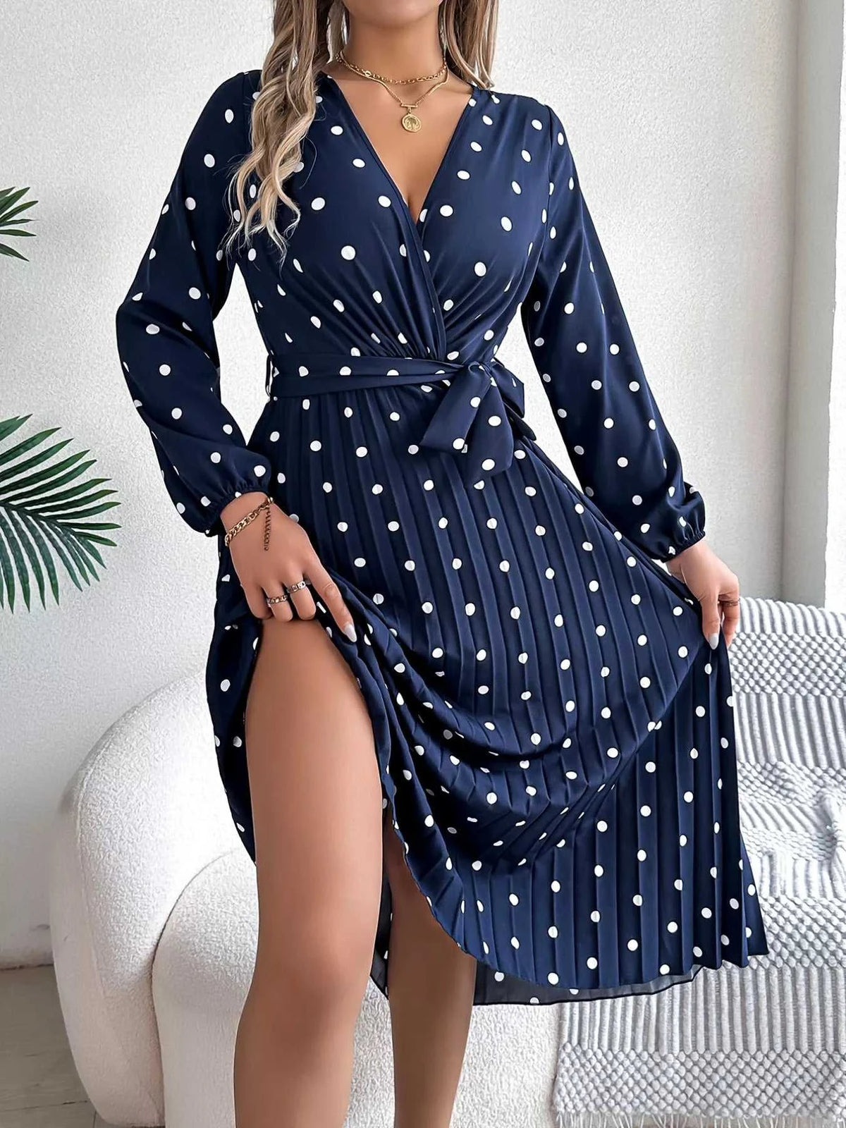 Front Tie Polka Dot Midi Pleated Dress 100100612892124 36 Gifts for Her Jerry's Apparel 