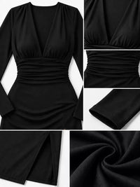 Deep V-Neck Ruched Bodycon Dress with High Slit 101001242970664 34 Gifts for Her Jerry's Apparel 