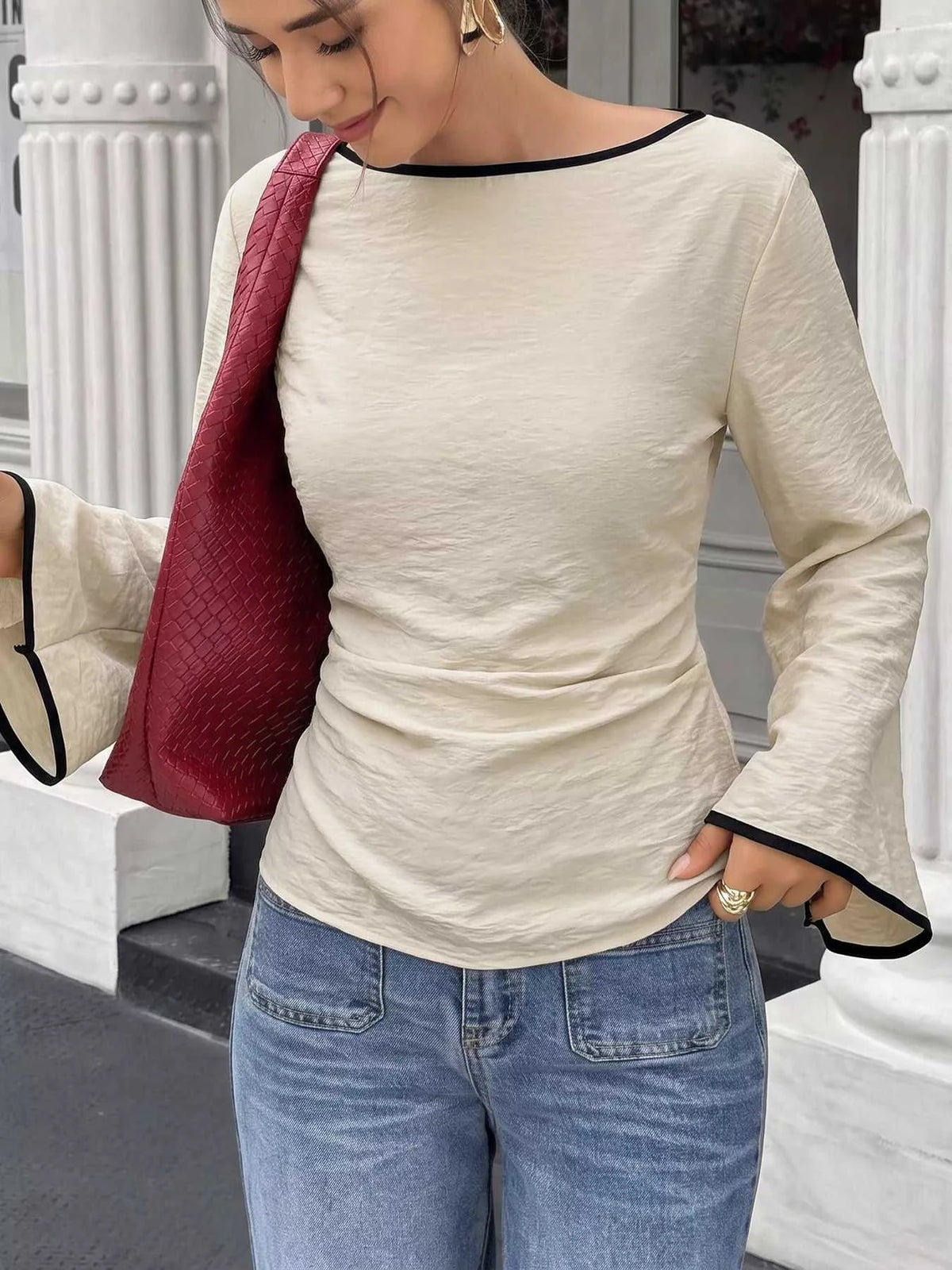 Contrast Trim Flare Sleeve Blouse 100100839982212 27 Affordable Fashion Under $100 Jerry's Apparel 