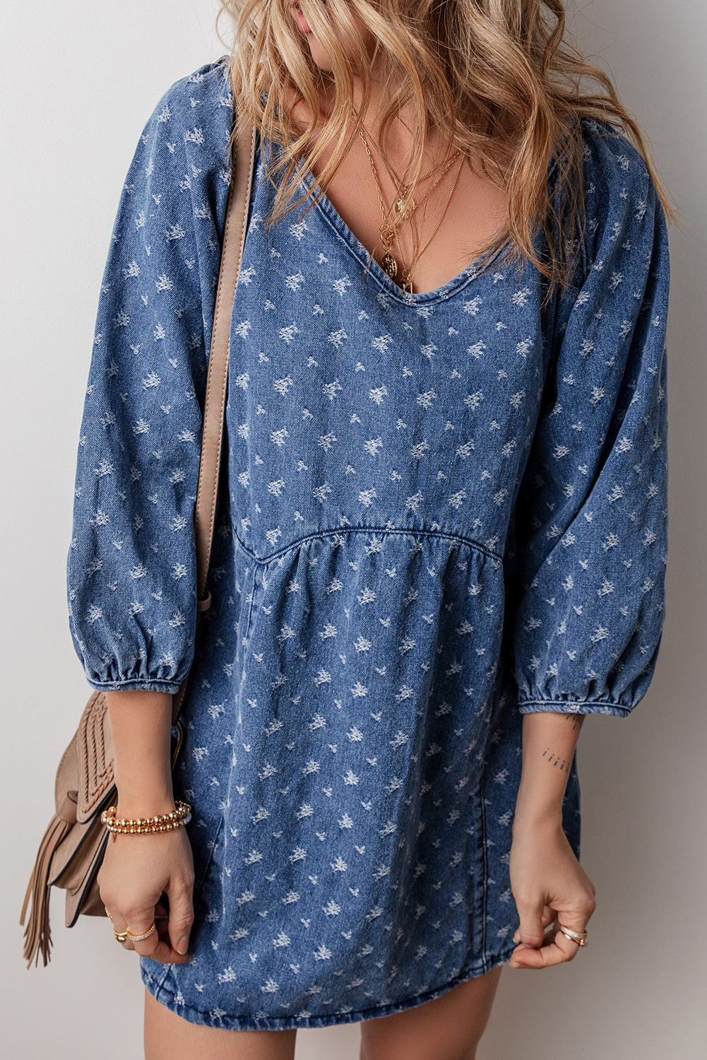 Tied V-Neck Three-Quarter Sleeve Denim Dress