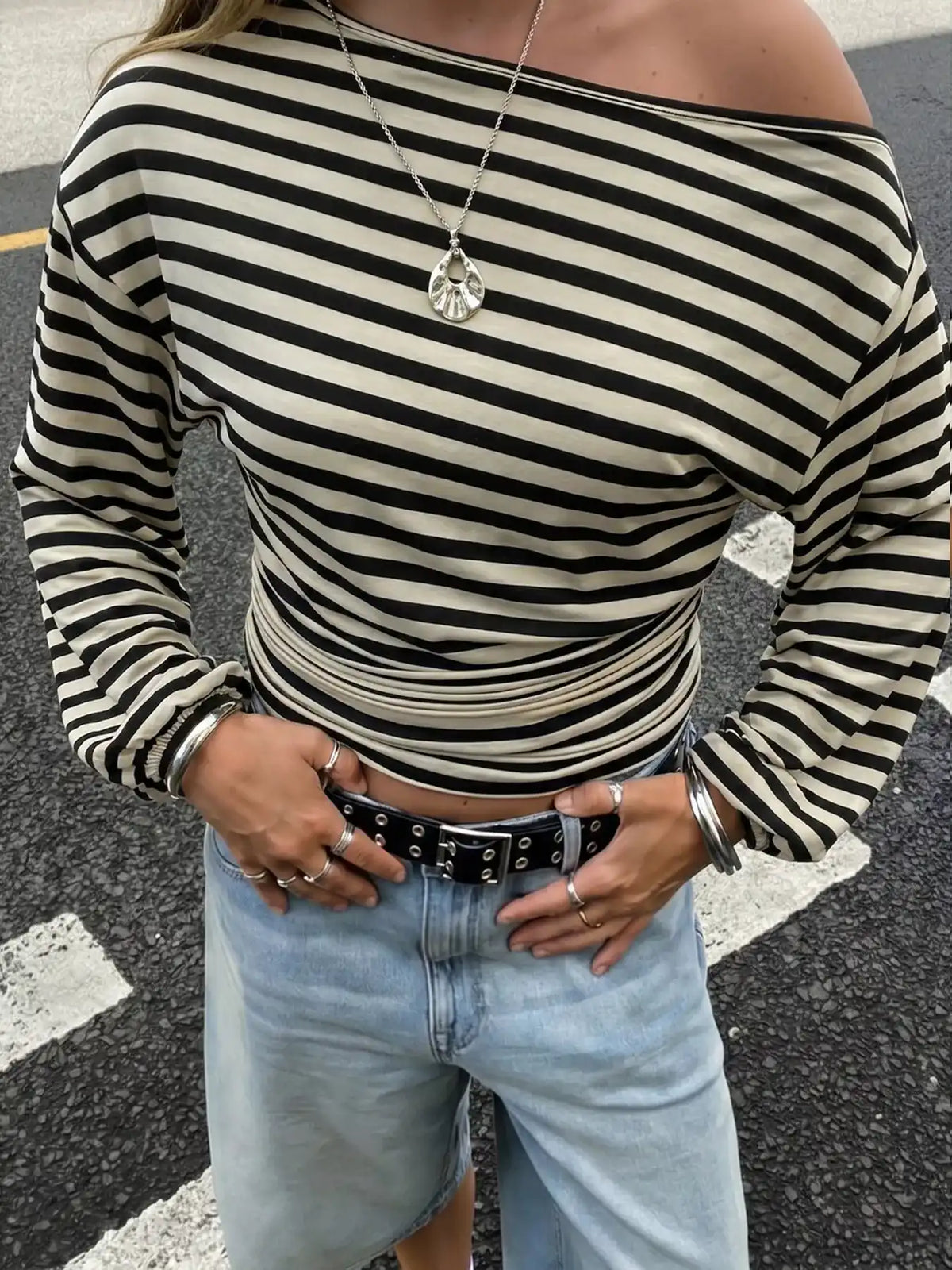 One Shoulder Striped Long Sleeve Slim-Fit T-Shirt 101001915279982 36 Affordable Fashion Under $100 Jerry's Apparel 