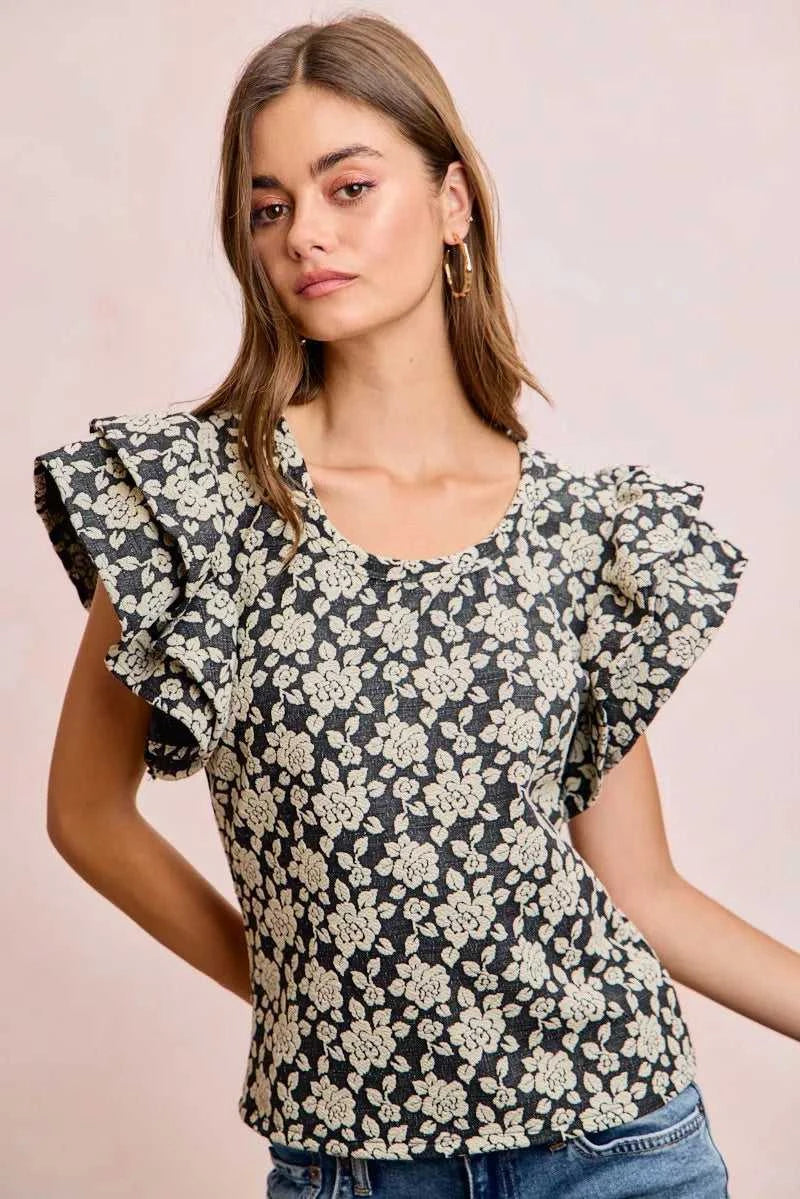 BiBi Floral Jacquard Ruffle Sleeves Knit Top 100100264791752 46 Affordable Fashion Under $100 Jerry's Apparel 