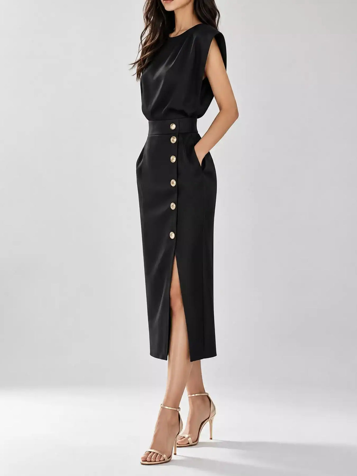 Sleeveless Midi Dress with Gold Button Detail and Side Slit 101001590890082 42 Affordable Fashion Under $100 Jerry's Apparel 