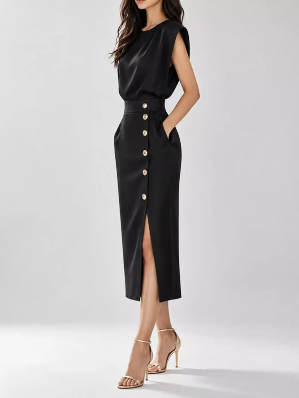 Sleeveless Midi Dress with Gold Button Detail and Side Slit 101001590890082 42 Affordable Fashion Under $100 Jerry's Apparel 