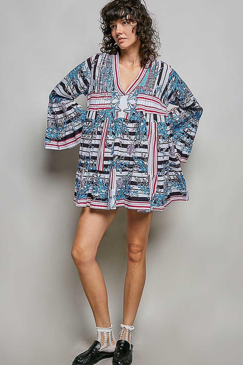 POL Striped Floral Long Sleeve Mini Dress with Pintuck Detail 100100459401126 52 Affordable Fashion Under $100 Jerry's Apparel 