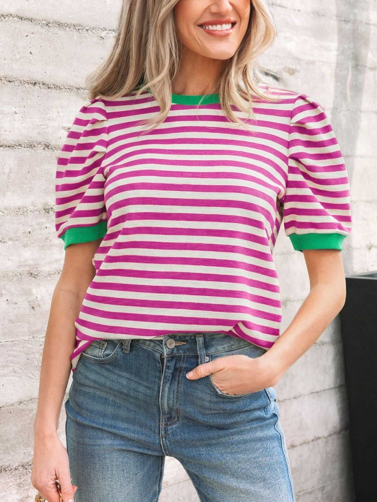 Stripe Short Puff Sleeve Contrast Trim Round Neck Tee 100100342745480 30 Affordable Fashion Under $100 Jerry's Apparel 