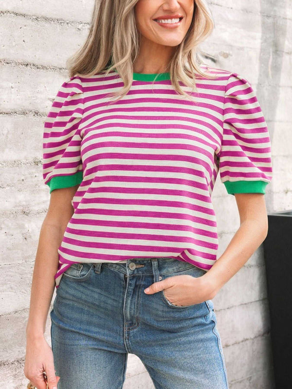 Stripe Short Puff Sleeve Contrast Trim Round Neck Tee 100100342745480 30 Affordable Fashion Under $100 Jerry's Apparel 