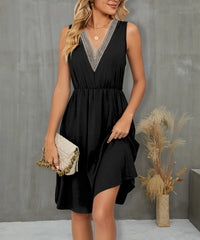 V-Neck Sleeveless Midi Dress with Lace Trim