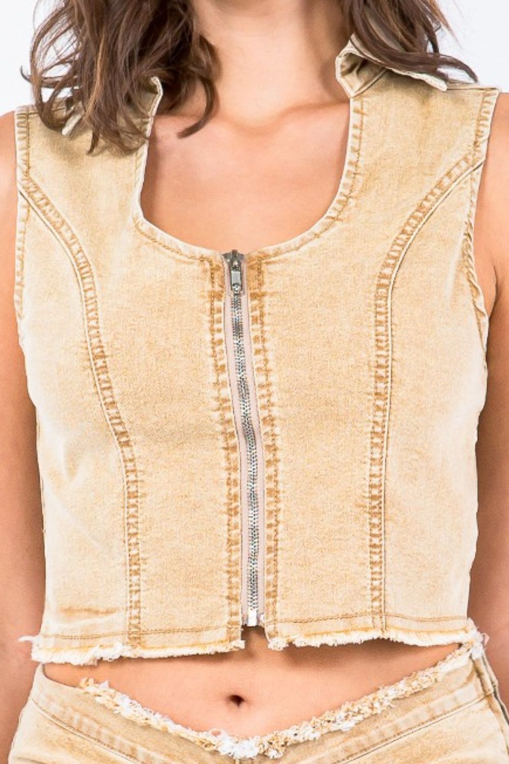 American Bazi Zip Up Washed Crop Denim Vest