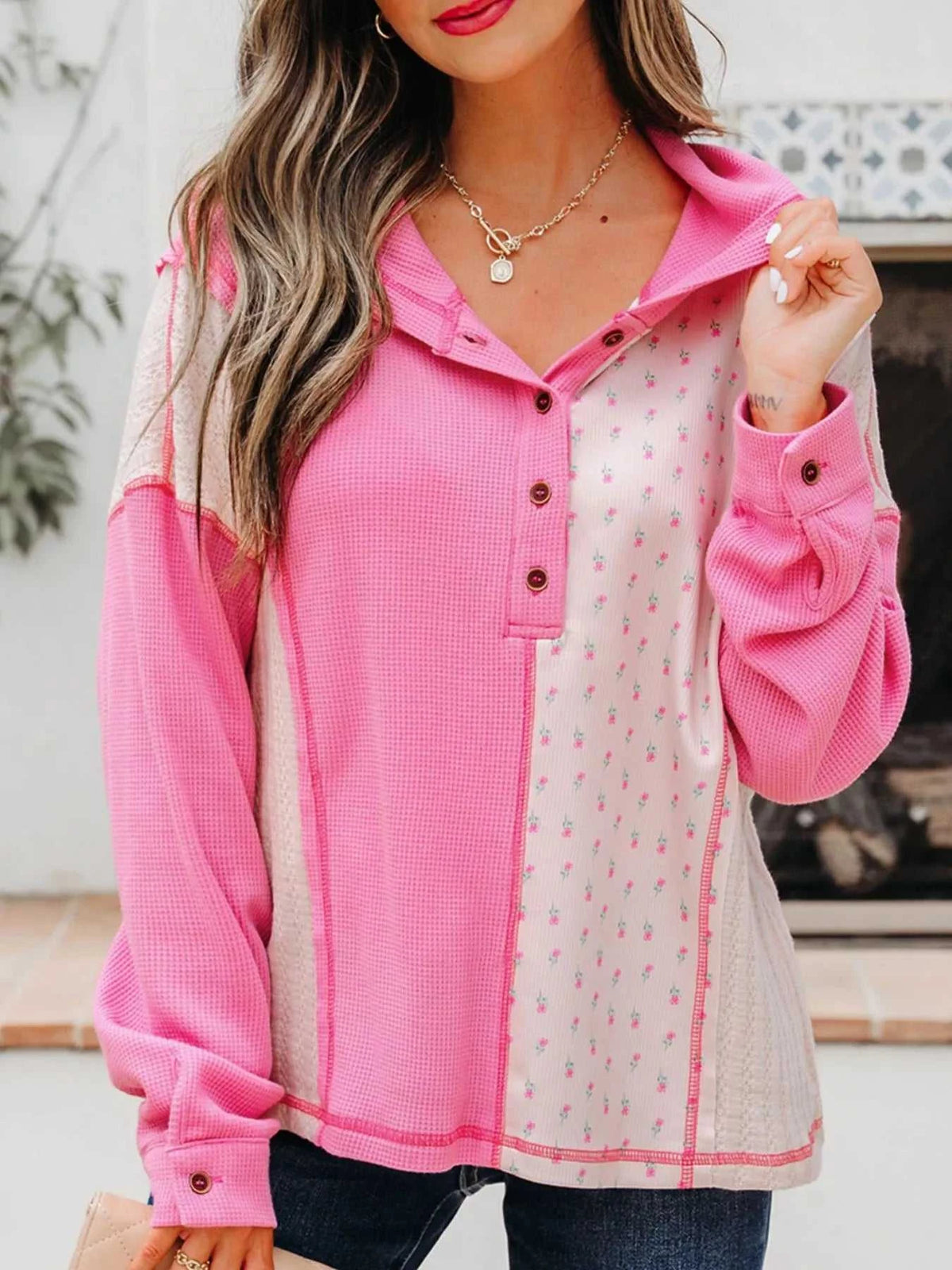 Mixed Texture Waffle Floral Patchwork Hooded Oversize Pullover 100100599360208 50 Affordable Fashion Under $100 Jerry's Apparel 