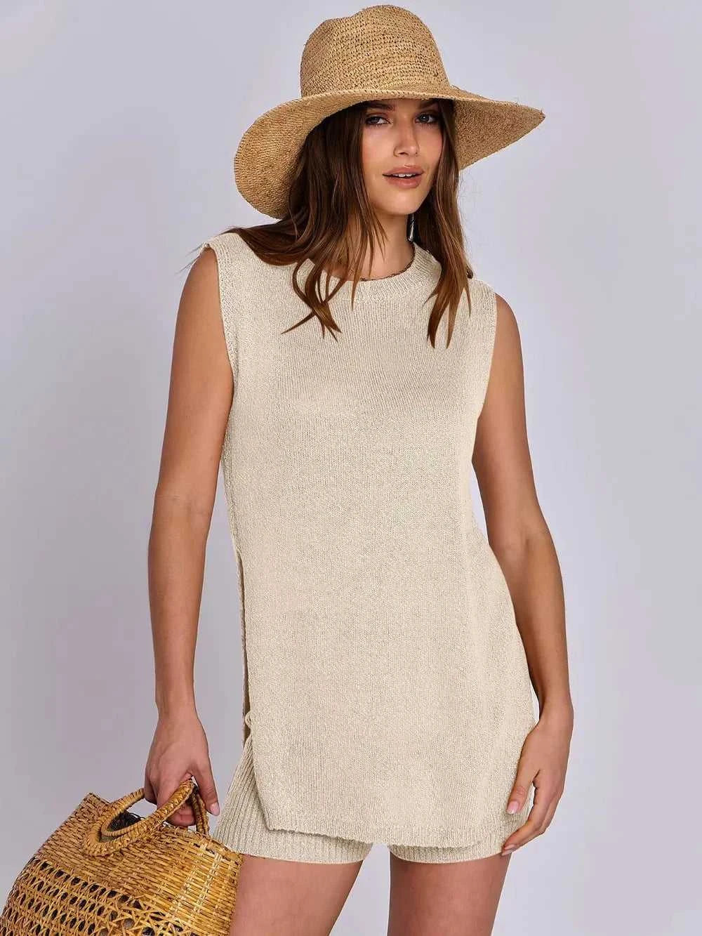 Side Slit Round Neck Tank and Ribbed Shorts Sweater Set 100100101501711 39 Affordable Fashion Under $100 Jerry's Apparel 