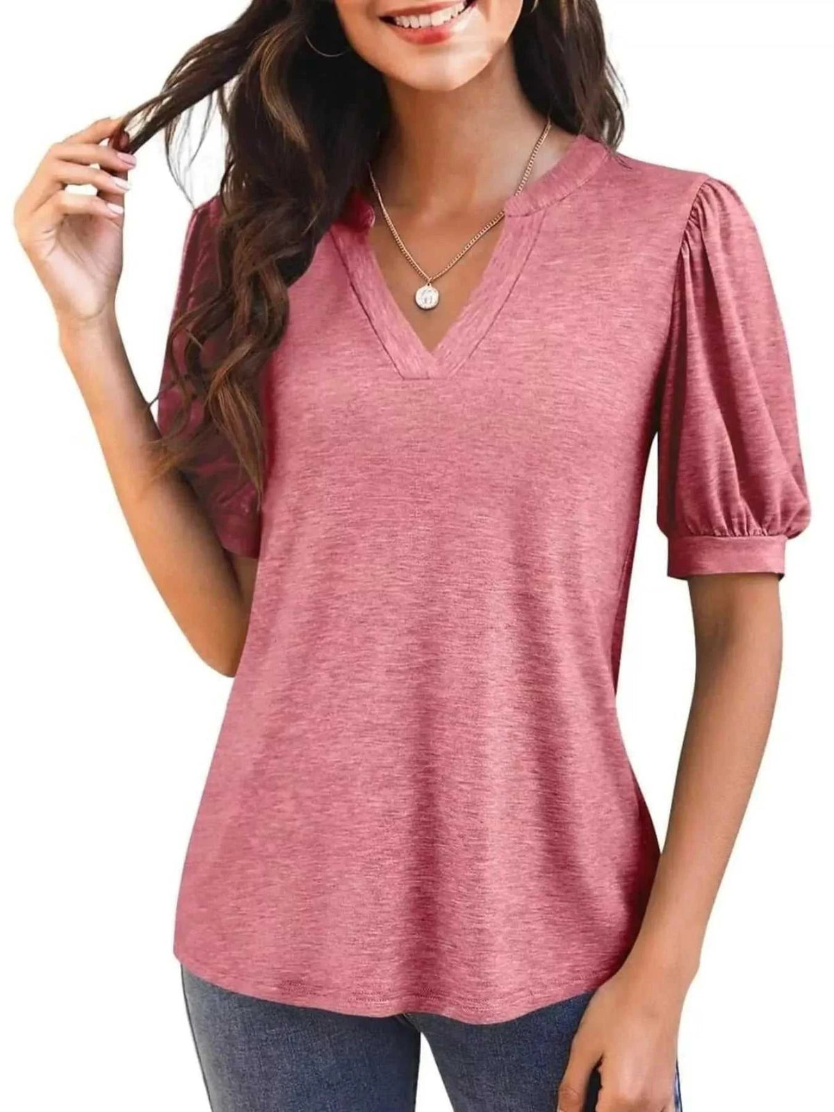 Puff Sleeve Notched Casual T-Shirt 100100978352776 23 Affordable Fashion Under $100 Jerry's Apparel 