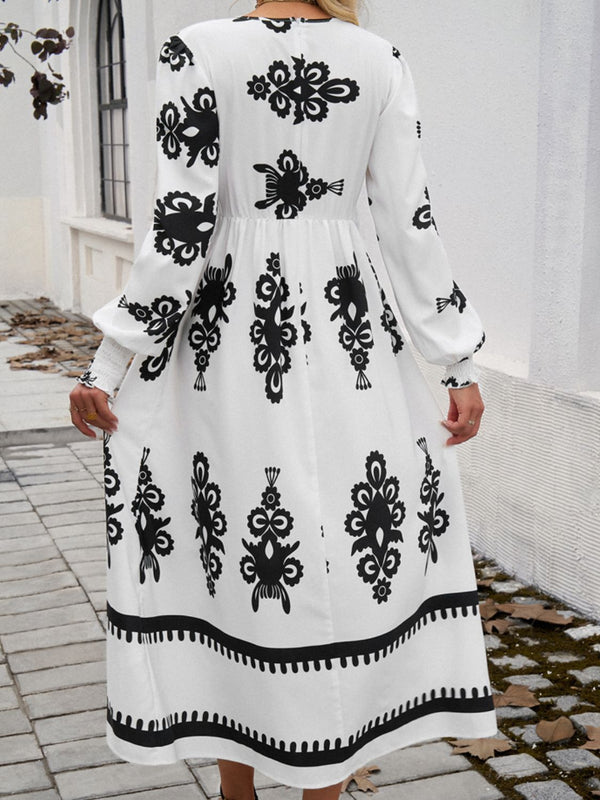 Devine Printed Surplice Lantern Sleeve Midi Dress