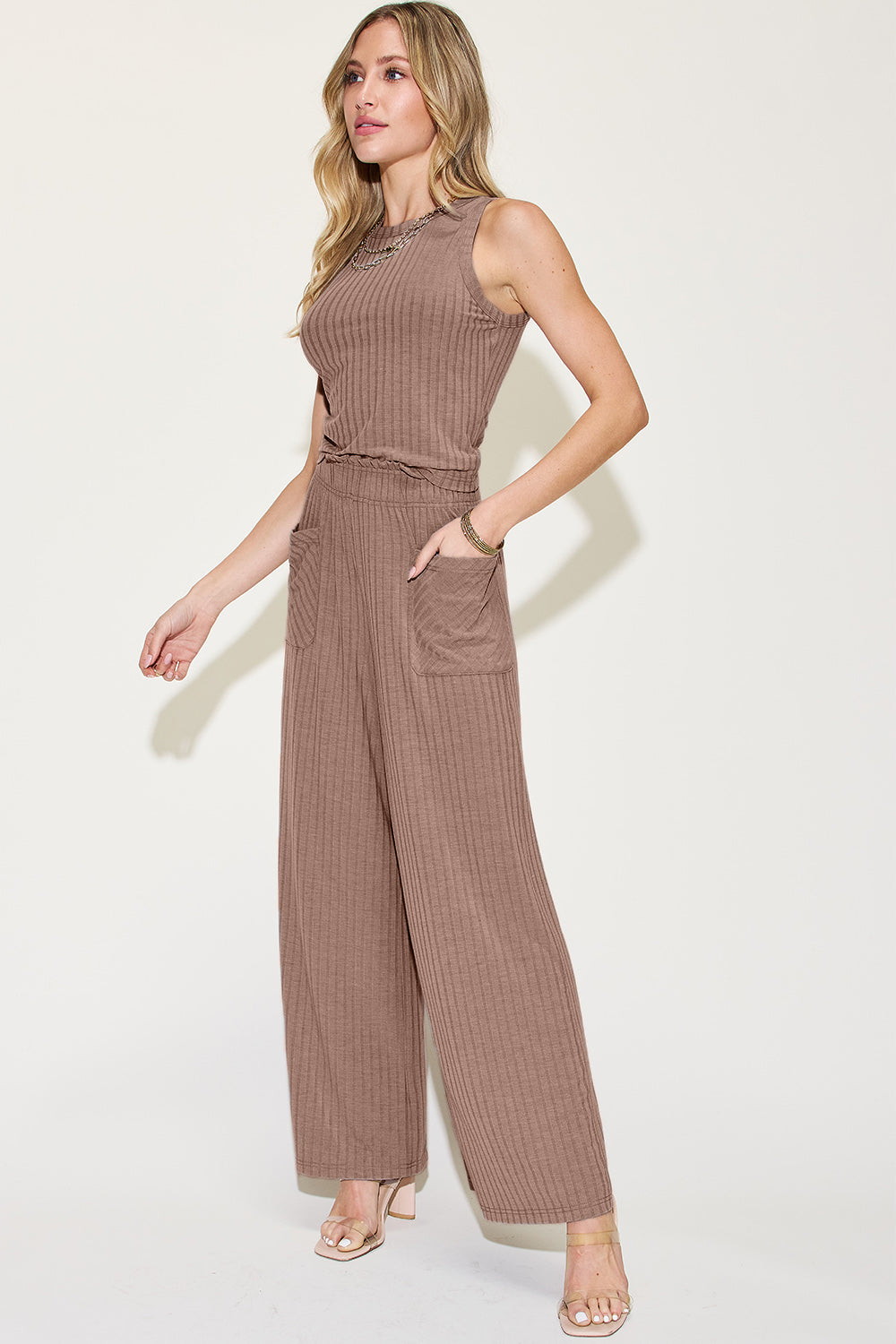 Full Size Ribbed Tank and Wide Leg Pants Set